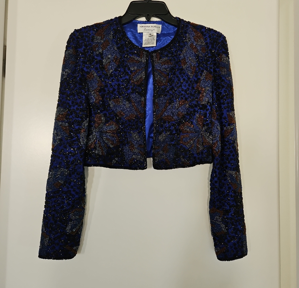 Embroidered Beaded Cropped Jacket - Blue